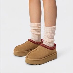 Tan Suede Platform Slippers with Red Trim